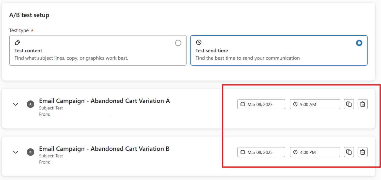 AB Test Email Timing and Frequency.png – A/B testing setup in Klaviyo for abandoned cart emails, comparing two send times (9:00 AM vs 4:00 PM).