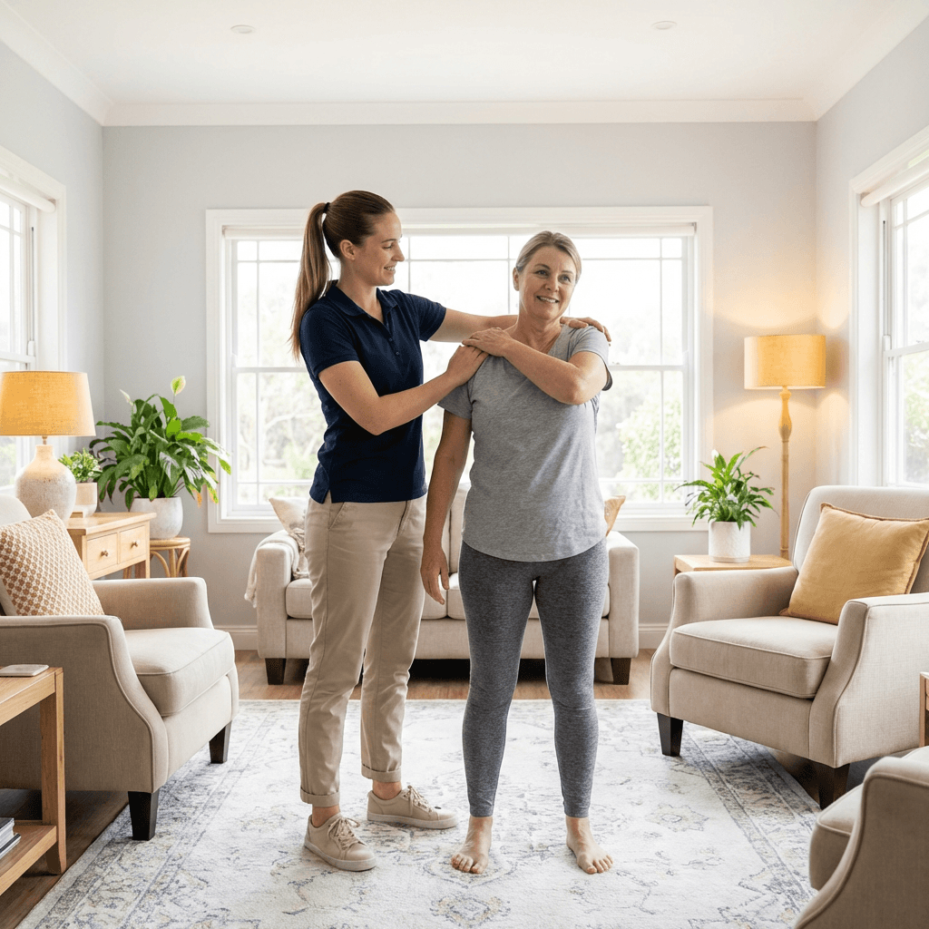 Physiotherapie Hausbesuch mit persönlicher Betreuung im Wohnzimmer der Patientin
