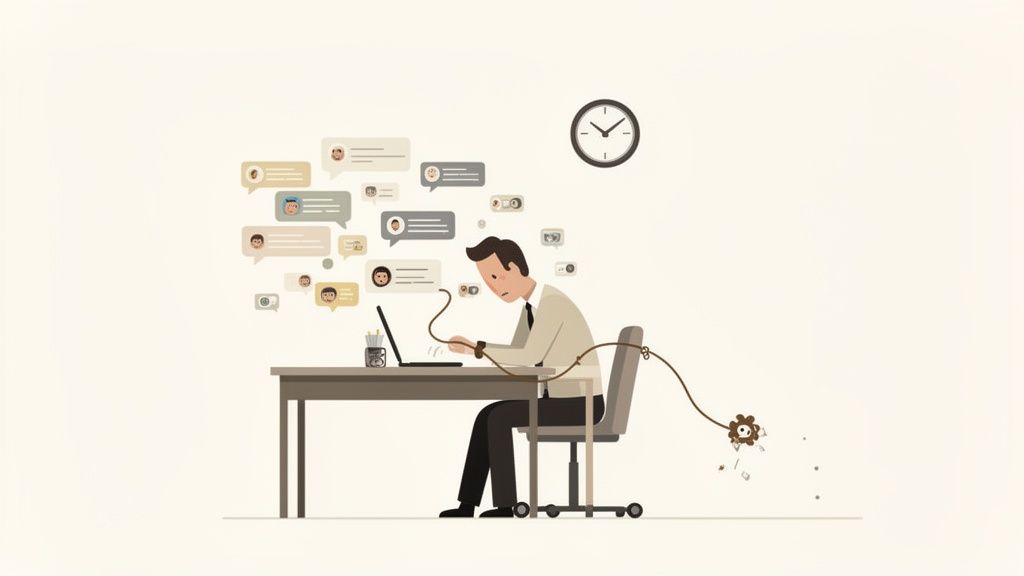 A man is tied to his laptop by a cord, surrounded by chat bubbles and a clock, illustrating digital distraction.
