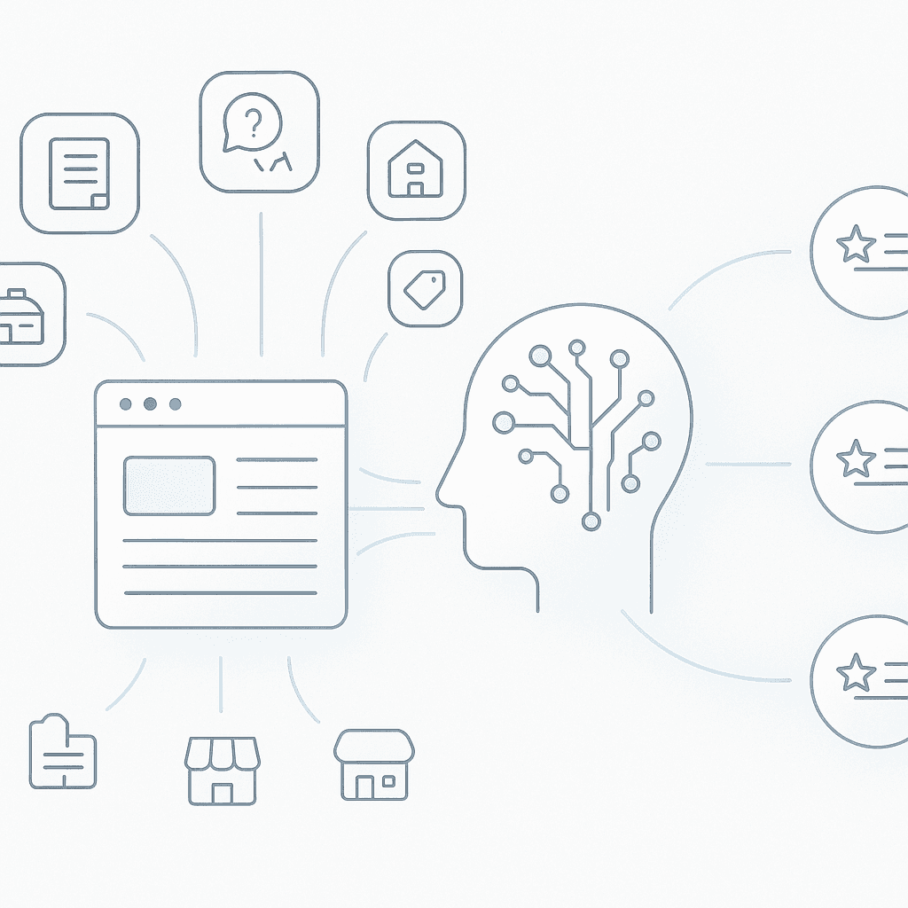 Flow diagram of schema-layered webpage feeding AI model that returns brand mentions