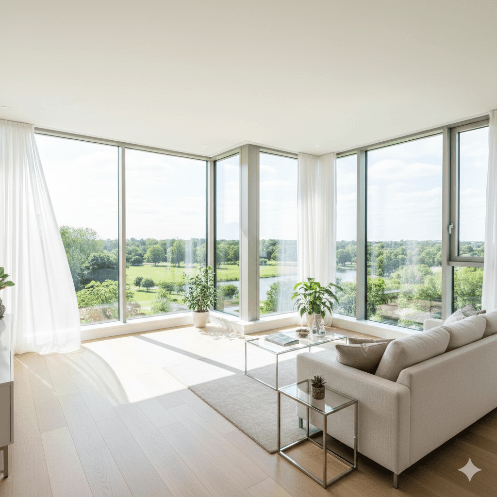 M3M Gurugram Sector 95 apartment living room with panoramic windows for maximum light and ventilation.