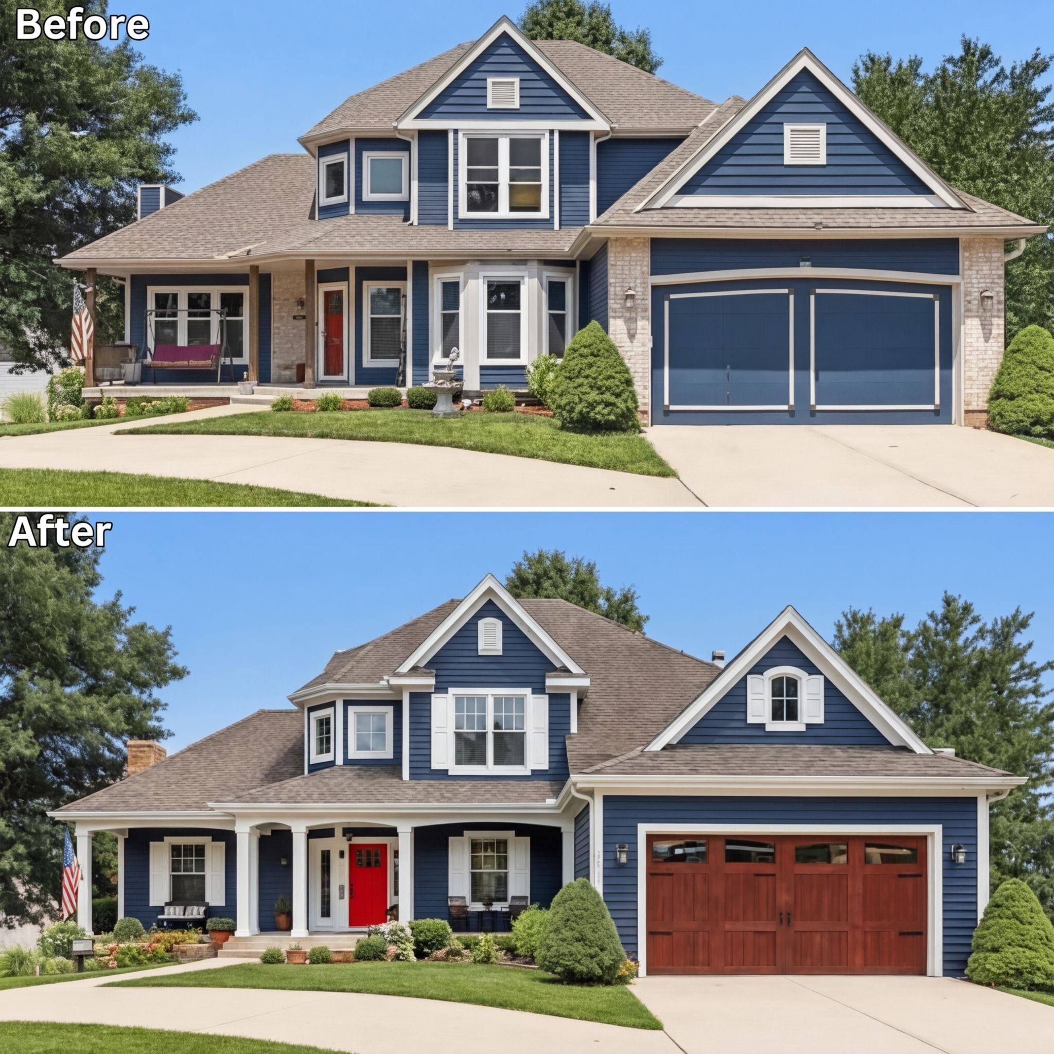 Navy blue colonial home exterior with white shutters and red door by AI