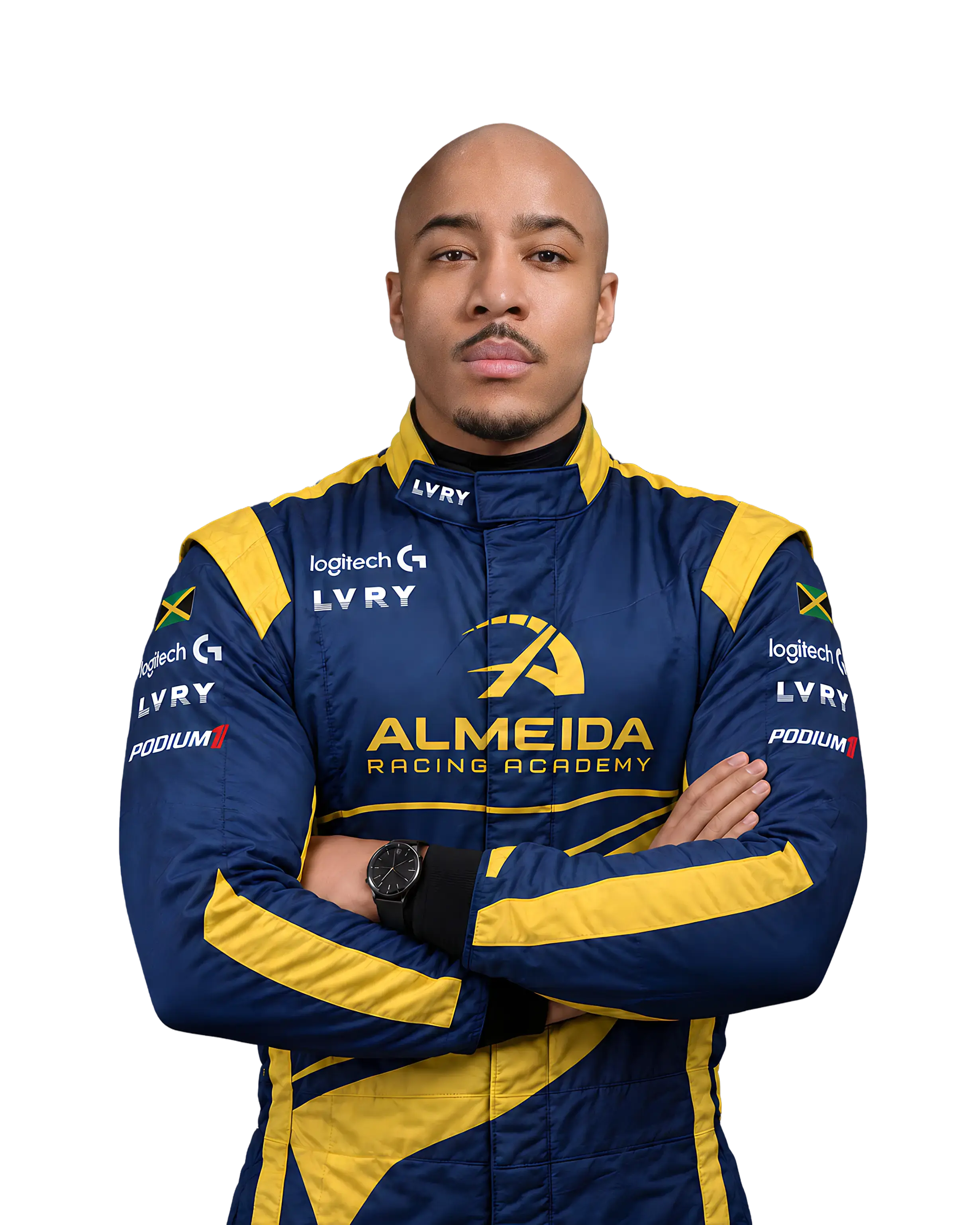 Kane Halliburton, elite sim racing instructor and 9k-rated driver, standing in a blue racing suit with arms crossed.