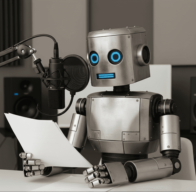 roboter read script in front of microphone