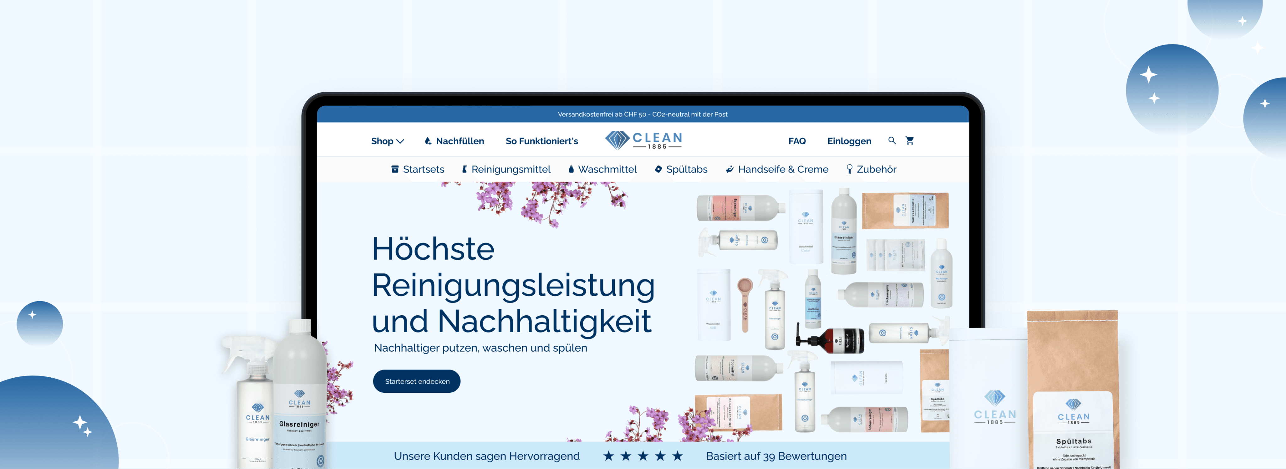 Desktop screen displaying the Clean 1885 e-commerce homepage, showing a navigation bar, hero headline in German reading "Höchste Reinigungsleistung und Nachhaltigkeit", a product grid of cleaning bottles, and a five-star review bar