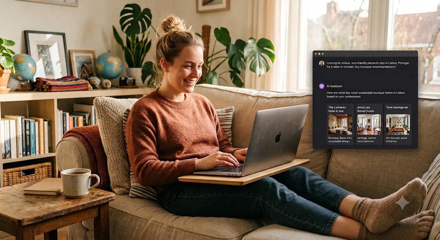 Un viajero usa un asistente de chat de AI en su laptop para buscar hospedaje, mostrando en pantalla una lista de alojamientos sugeridos.