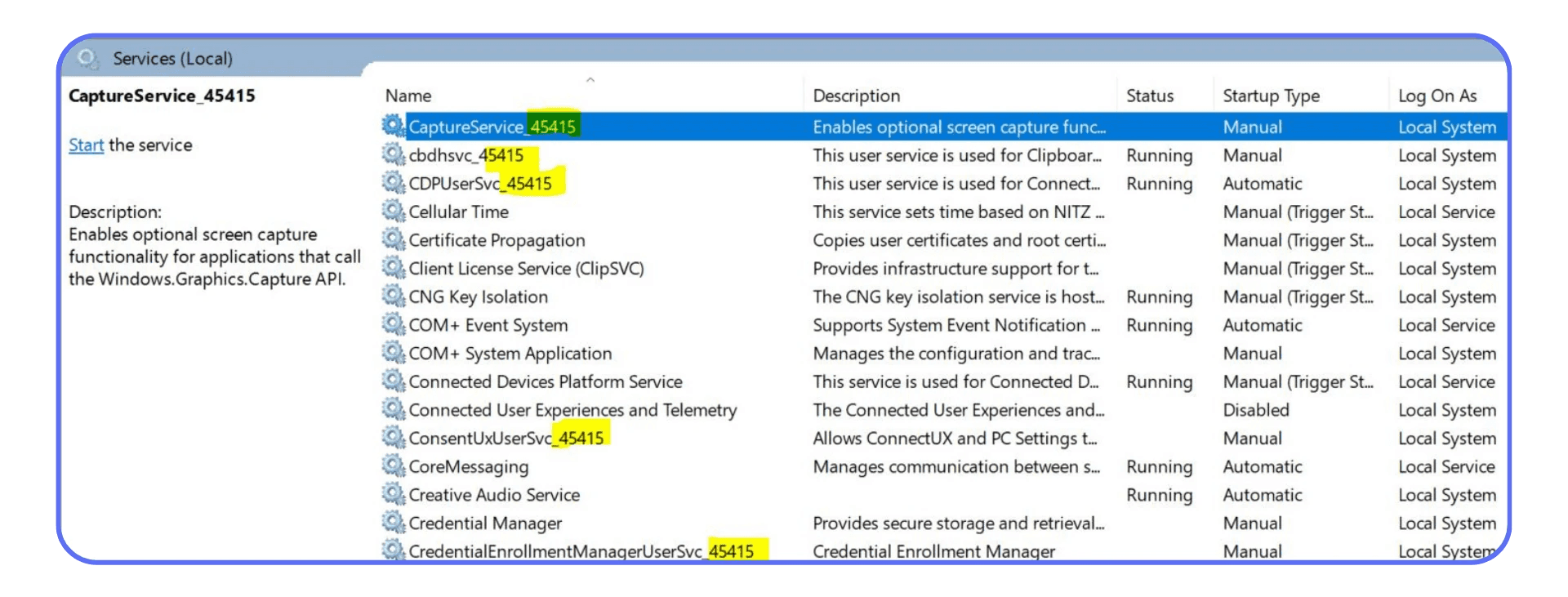 “Services (Local)” window listing background Windows services such as CaptureService and CDPUserSvc highlighted.