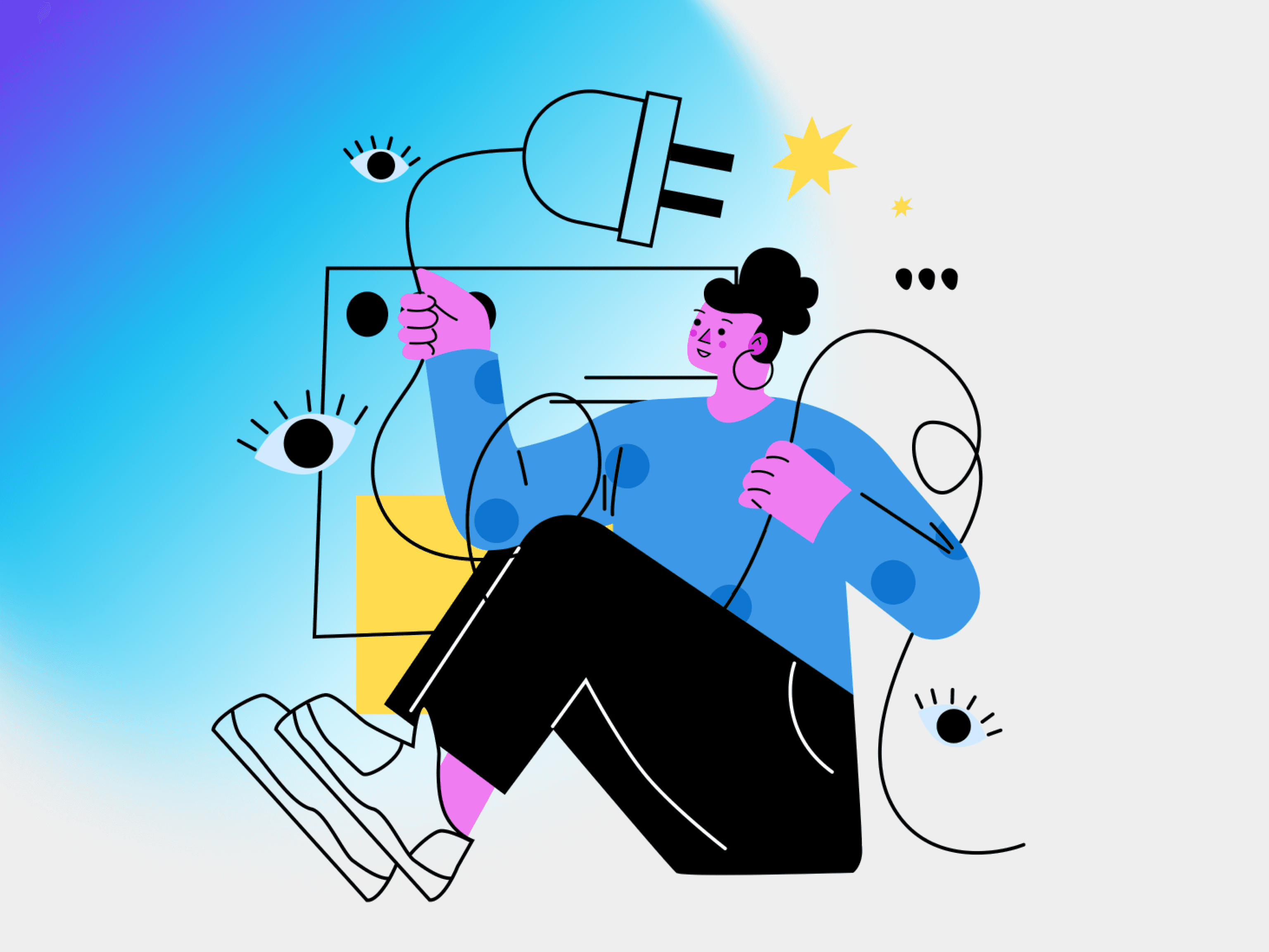 Illustration of a product designer managing complex connections, representing the "Low-Maintenance Designer" mindset and the ability to turn ambiguous briefs into high-impact product growth.