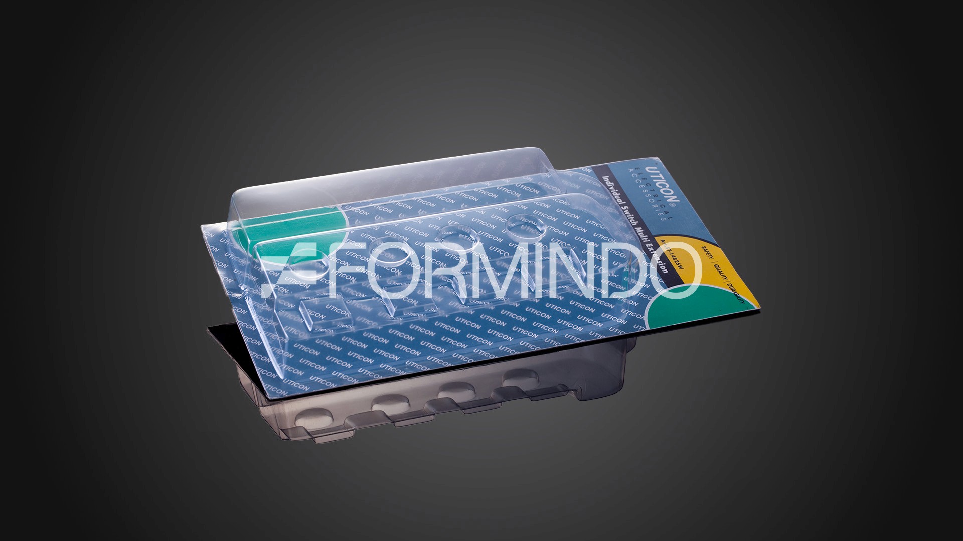 Foto kemasan plastik transparan untuk komponen elektrikal seperti kabel, saklar, dan konektor, dengan desain rapi dan label produk di bagian depan.