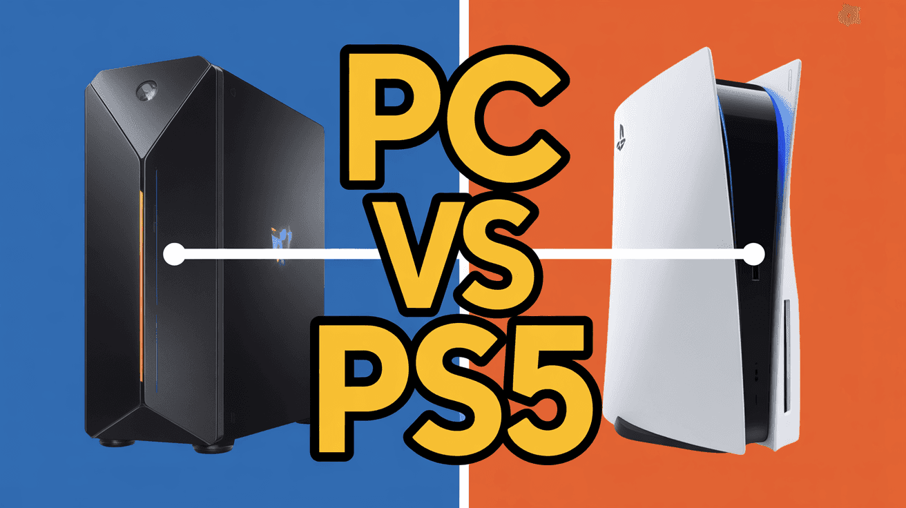 Split comparison of gaming PC and console connected by FPS graphs with PC VS PS5 headline