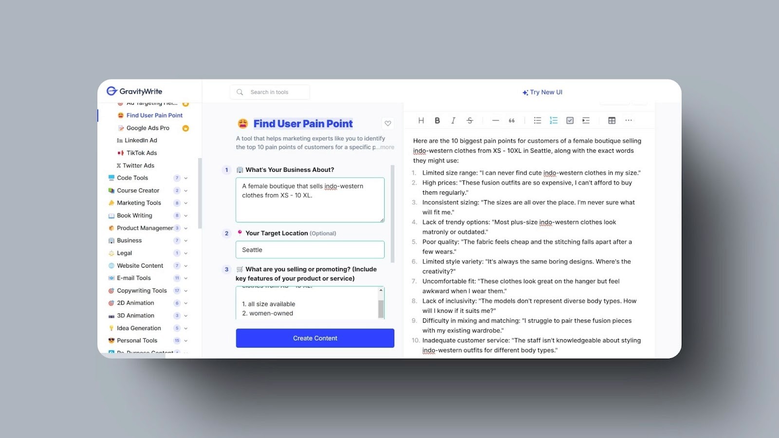 napshot of GravityWrite's user pain point analysis tool showing insights for a female boutique selling indo-western clothes in Seattle.