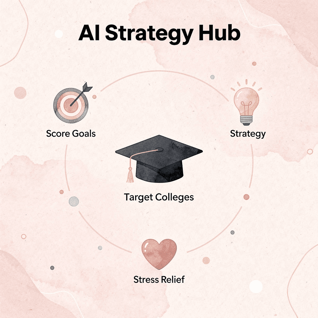 Hub diagram showing Kollegio AI at center connected to target colleges, score goals, strategy, and stress relief