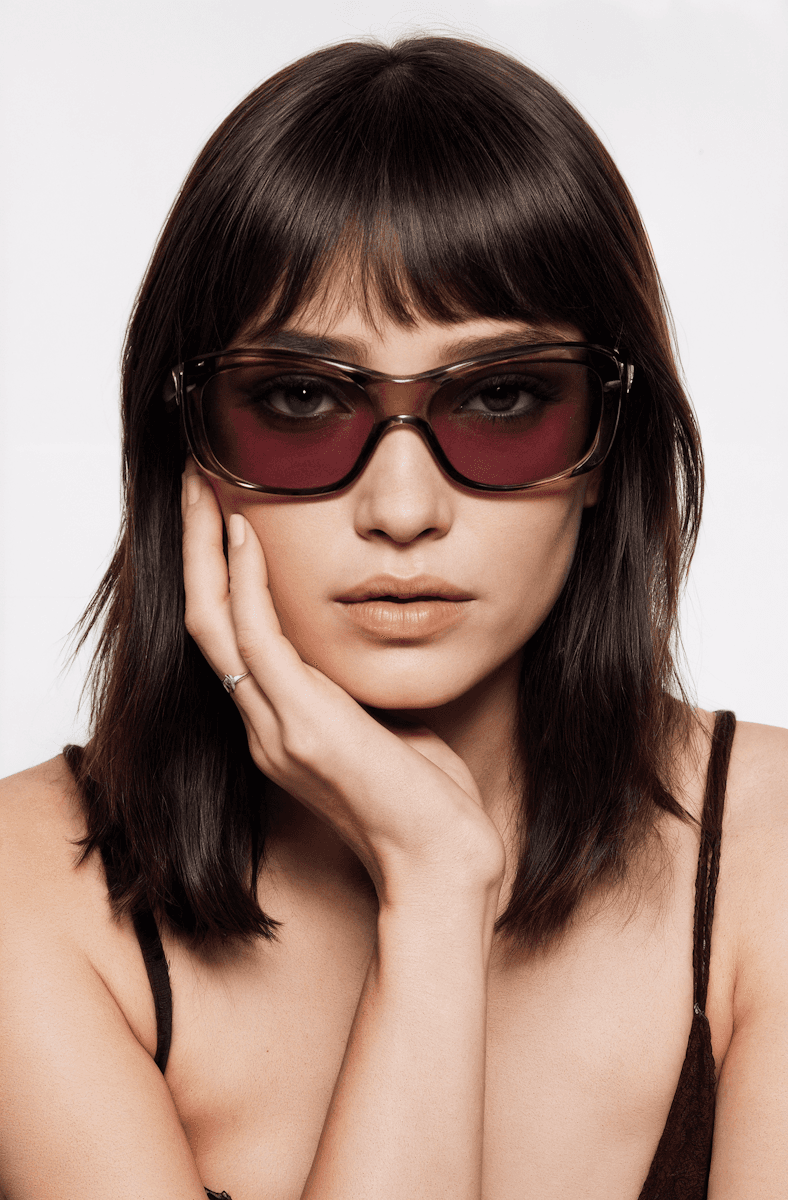 A portrait of woman with dark hair wearing stylish sunglasses, resting her chin on her hand against a plain background.