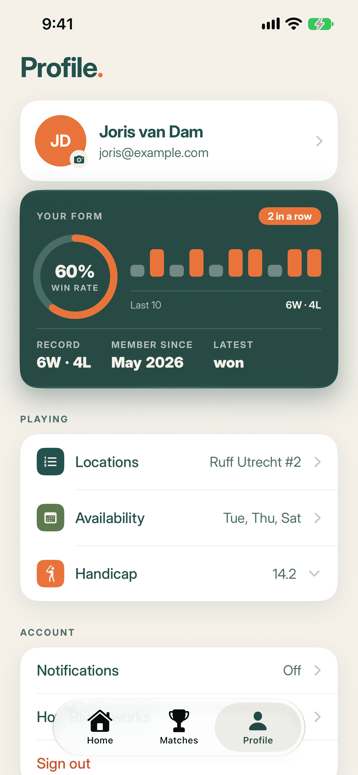 Rivals app: profile with win rate and last results