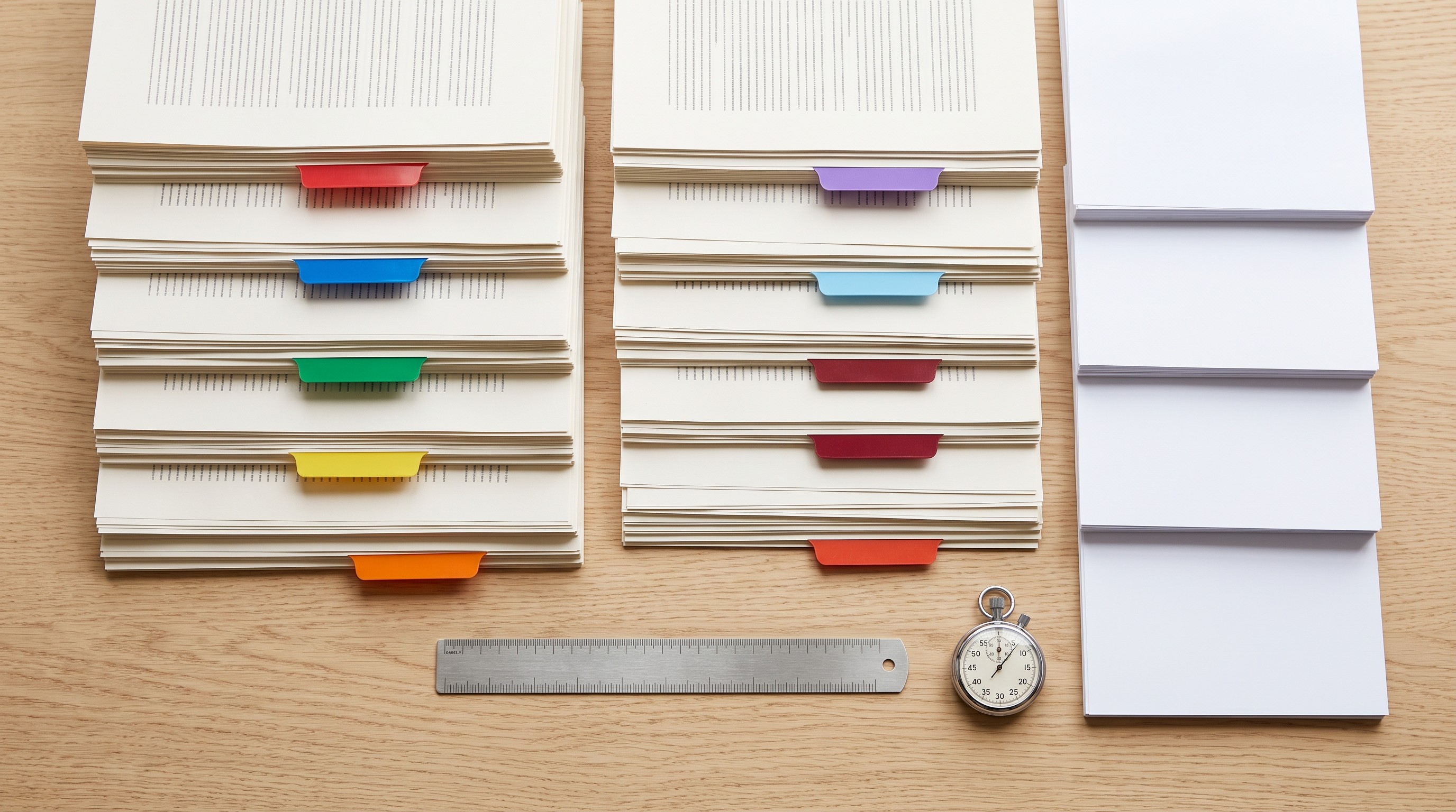 Research papers sorted with tabs and a stopwatch