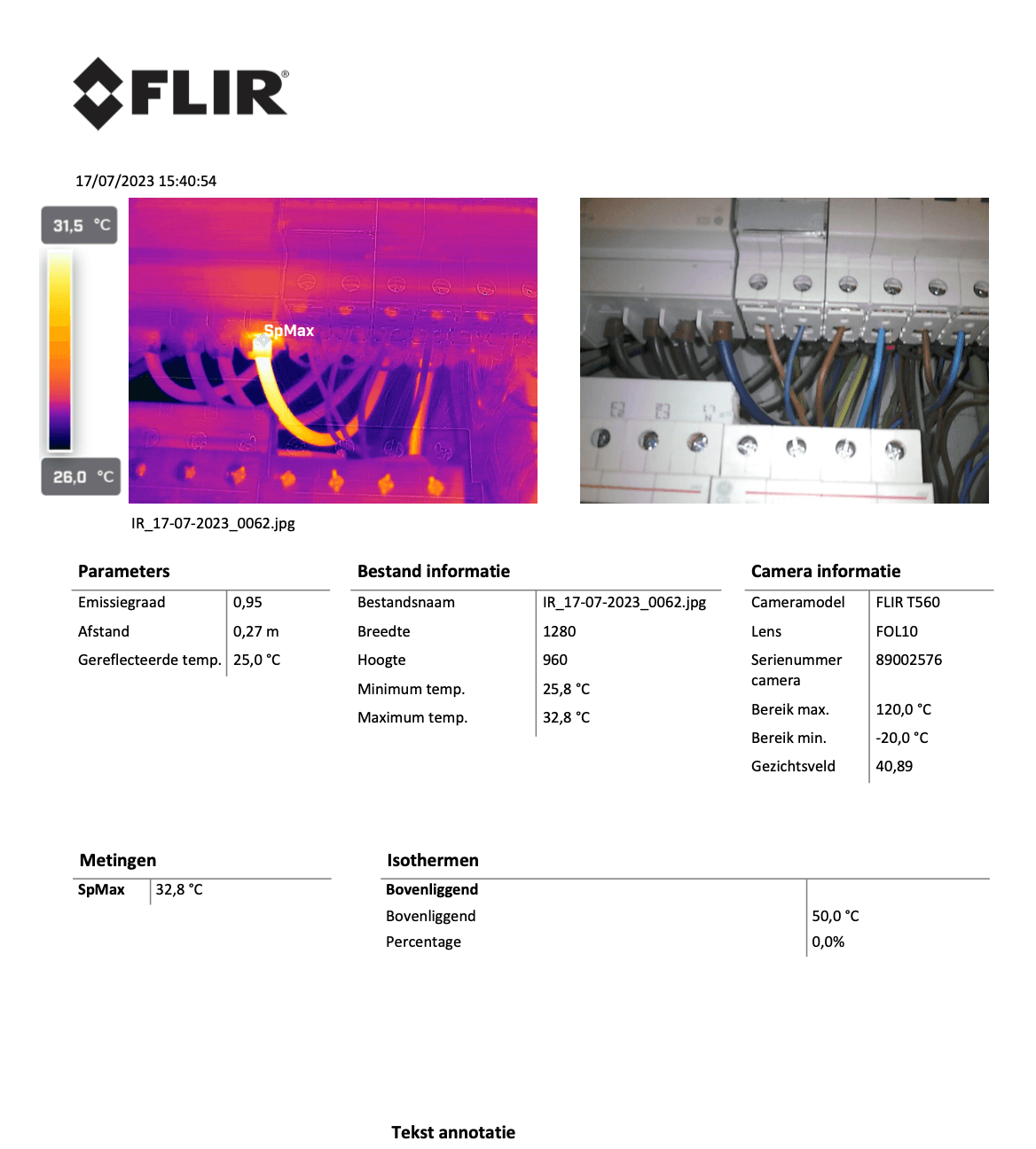 Professioneel thermografisch rapport van Kwootech, inclusief warmtebeeldcamera meting en zichtbaar foto van elektrische installatie