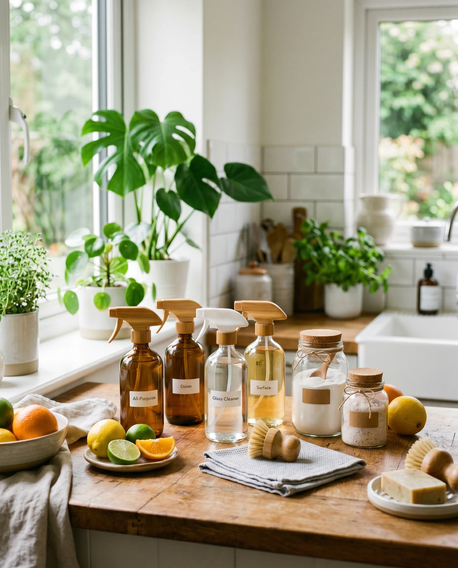 Cleaning supplies and fresh fruits arranged on a wooden kitchen countertop.