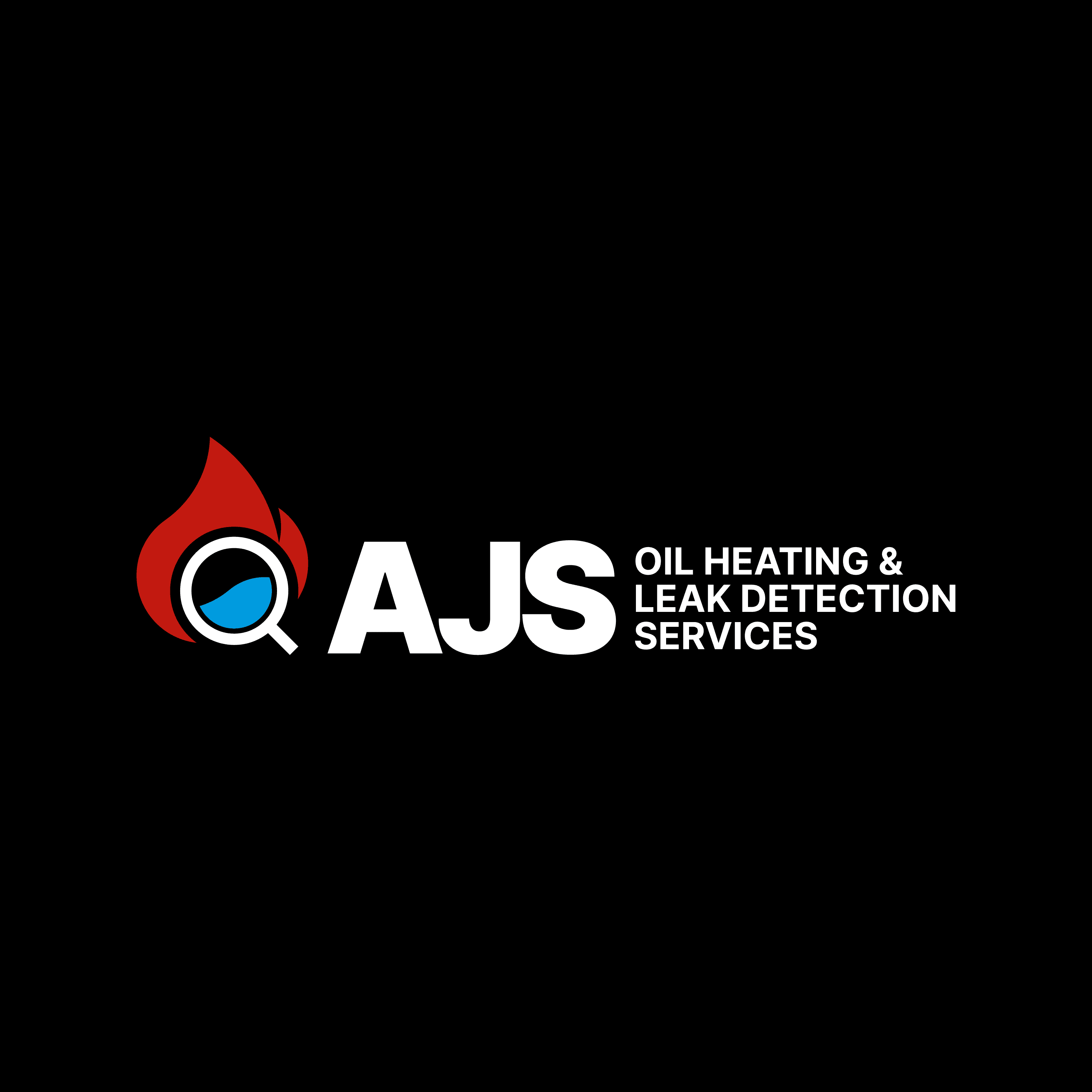  AJS Oil Heating and Leak Detection Services full logo on black background, showing icon lockup with company name, designed by Woolly Mammoth Design in Co. Meath