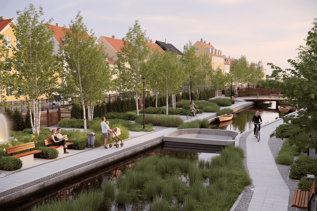 Outdoor garden space with trees, plantings, and water feature