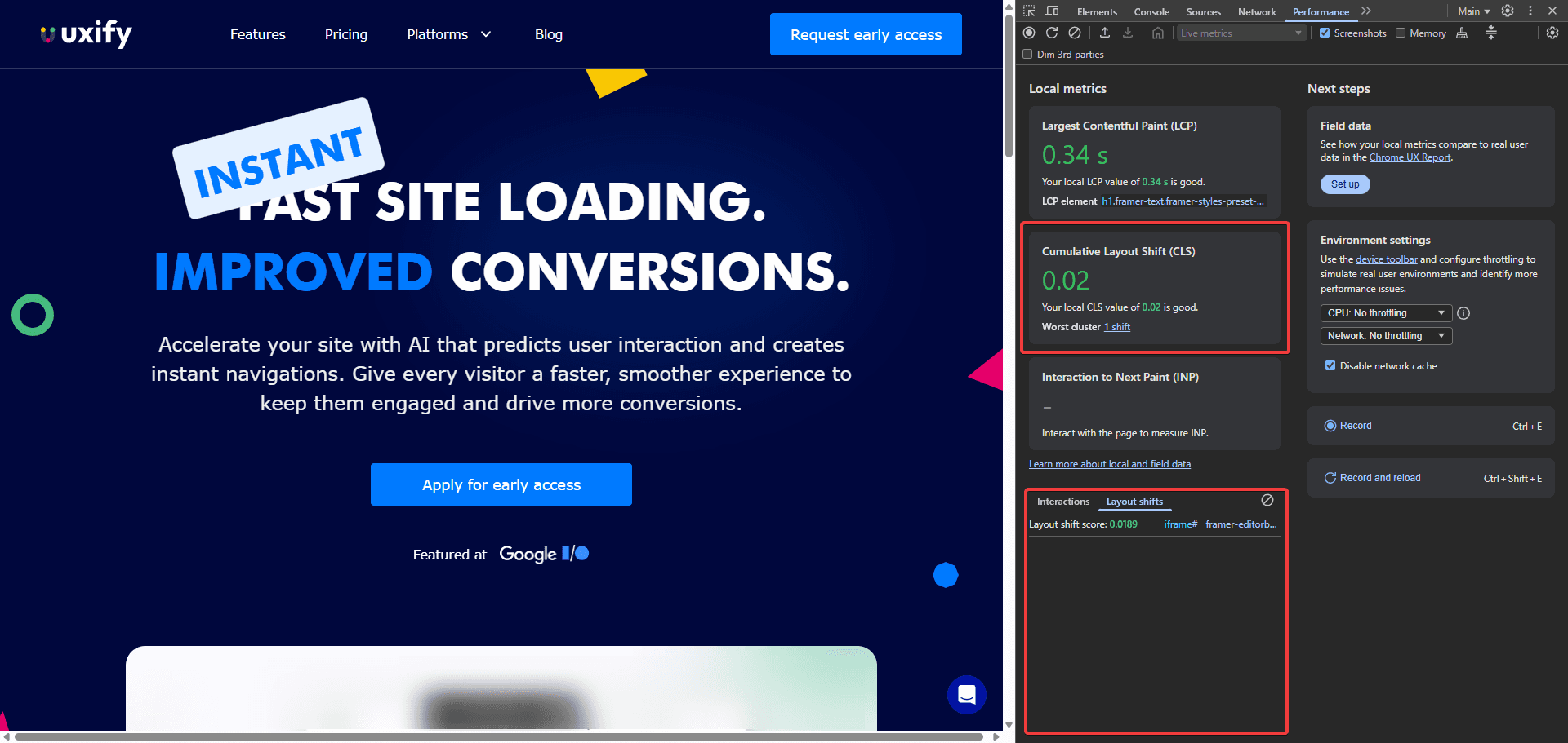 DevTools performace tab showcasing Good performance on uxify.com