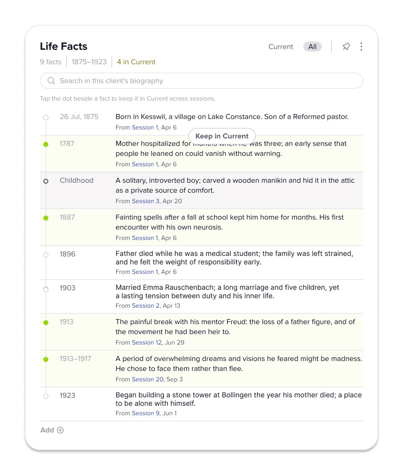 The same widget in All view: the client's full biography by year, each entry linked to the session it came from