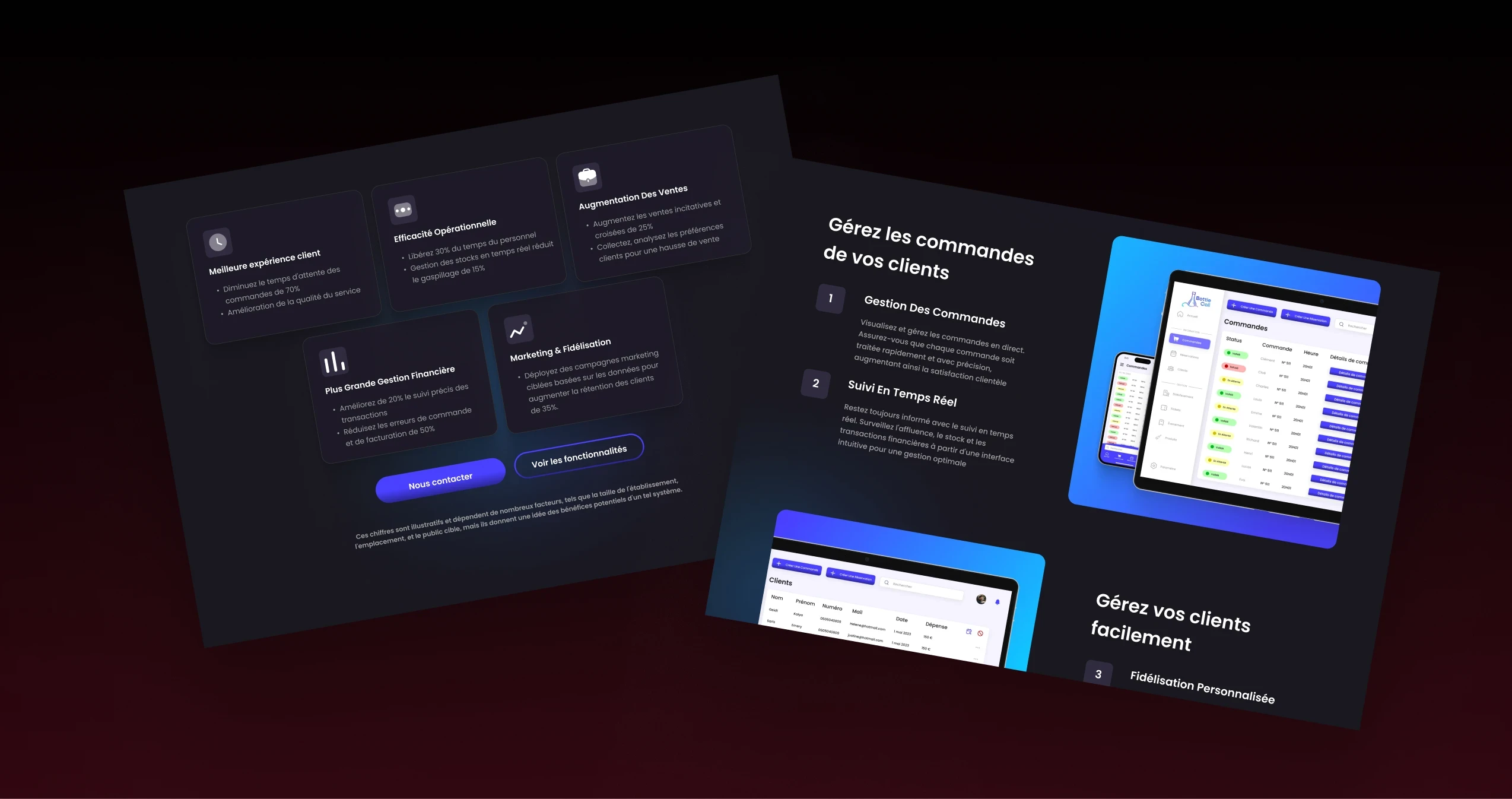 Pages du site présentant les bénéfices de la solution et les écrans de gestion des commandes et des clients