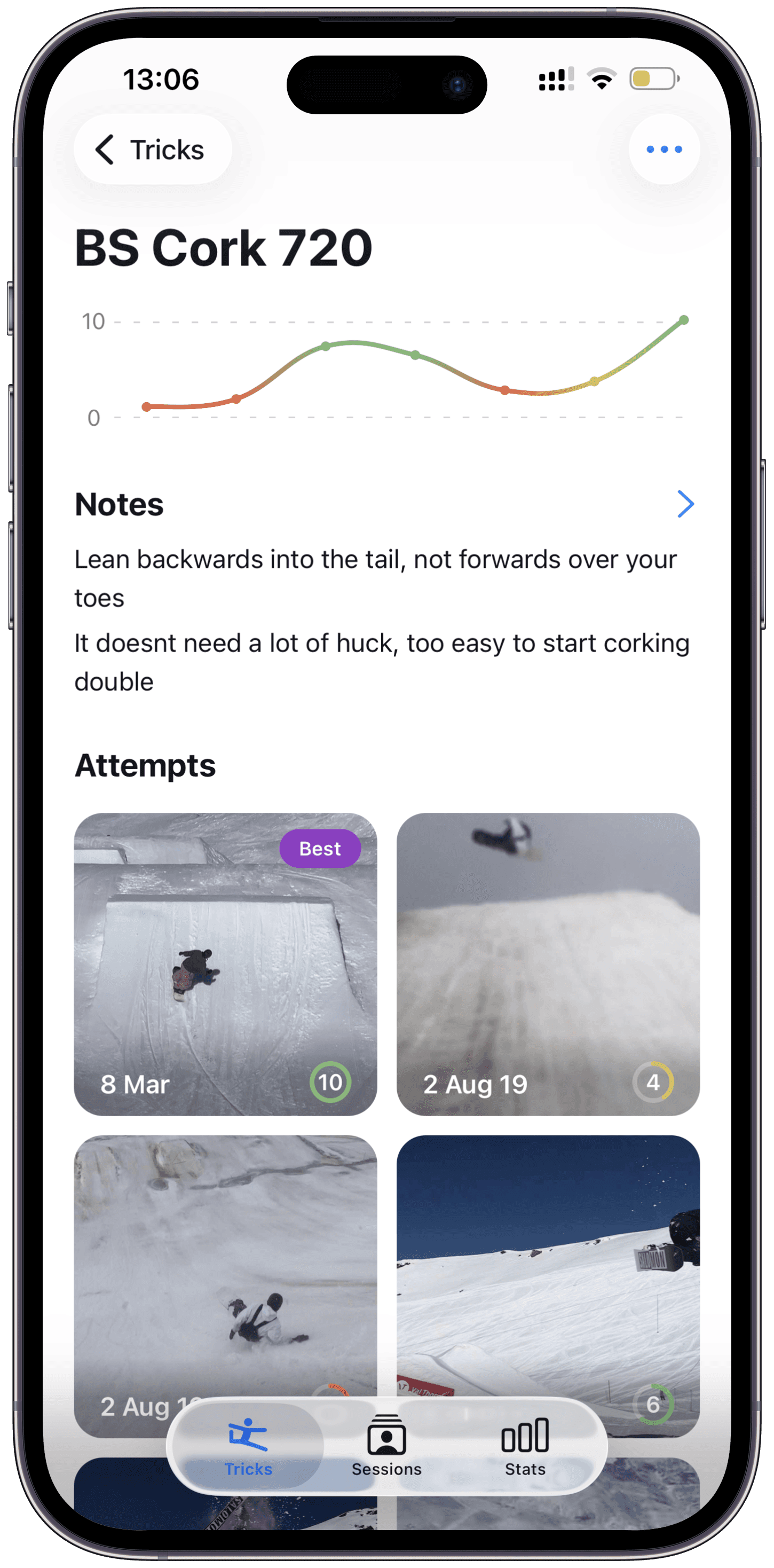 iPhone screenshot showing the TrickTrack app, open on the Trick page. The Trick page is showing the name "BS Cork 720", notes and attempt videos for the trick.