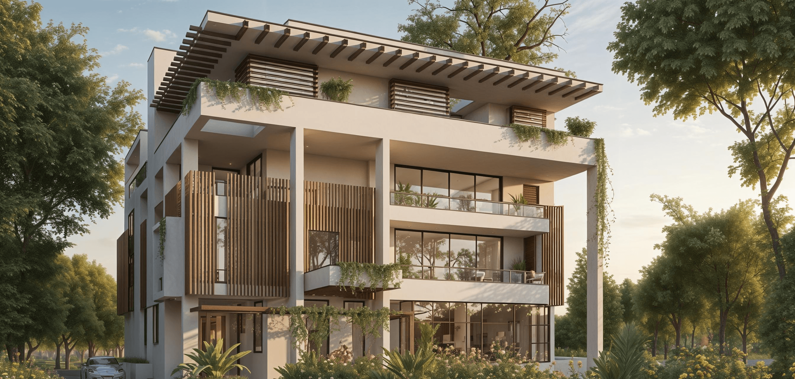 Modern three-story villa with large glass windows, wooden panel accents, open balconies, and green plants cascading from terraces, surrounded by trees and natural greenery.