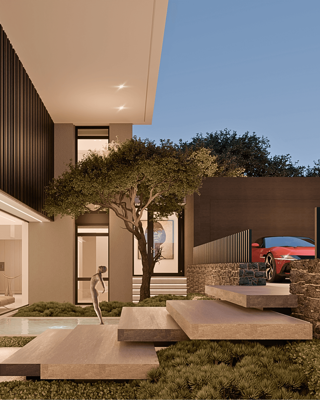 Modern house exterior at dusk, featuring geometric concrete steps, a tree, and a red sports car in a driveway. Sleek, minimalistic, and serene ambiance.