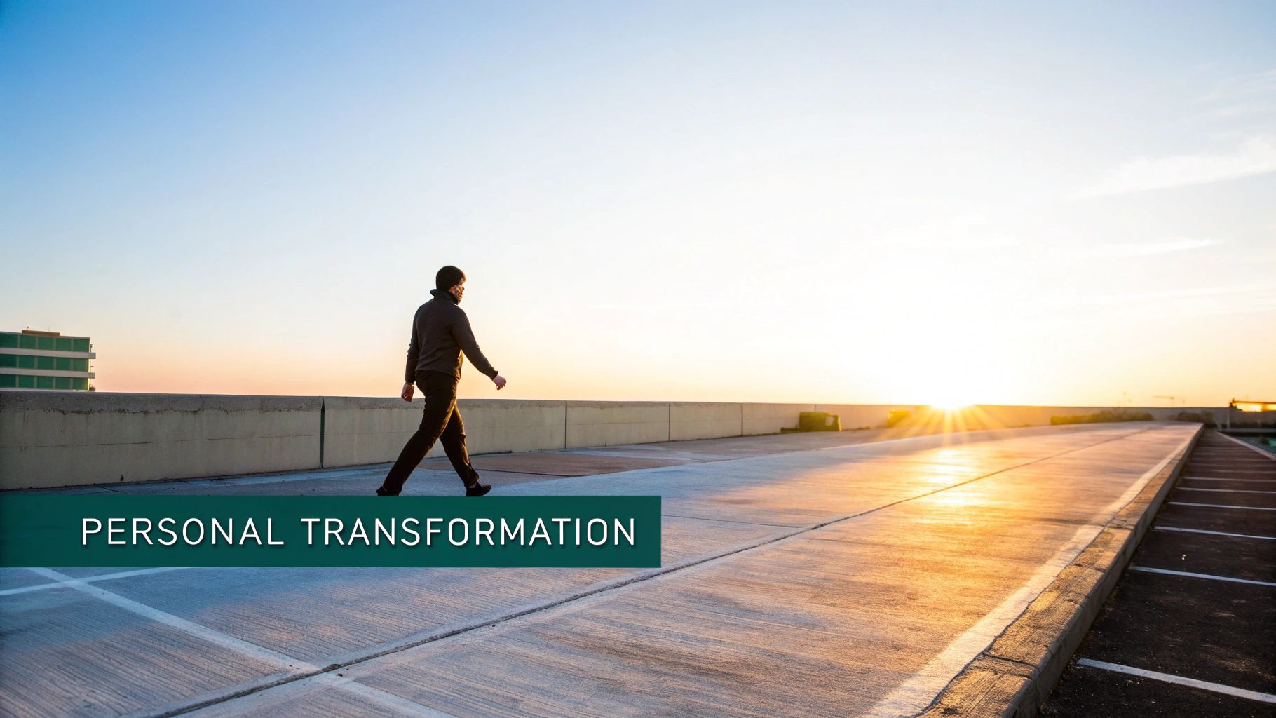 A person walks on a concrete path towards a radiant sunset, symbolizing personal transformation.