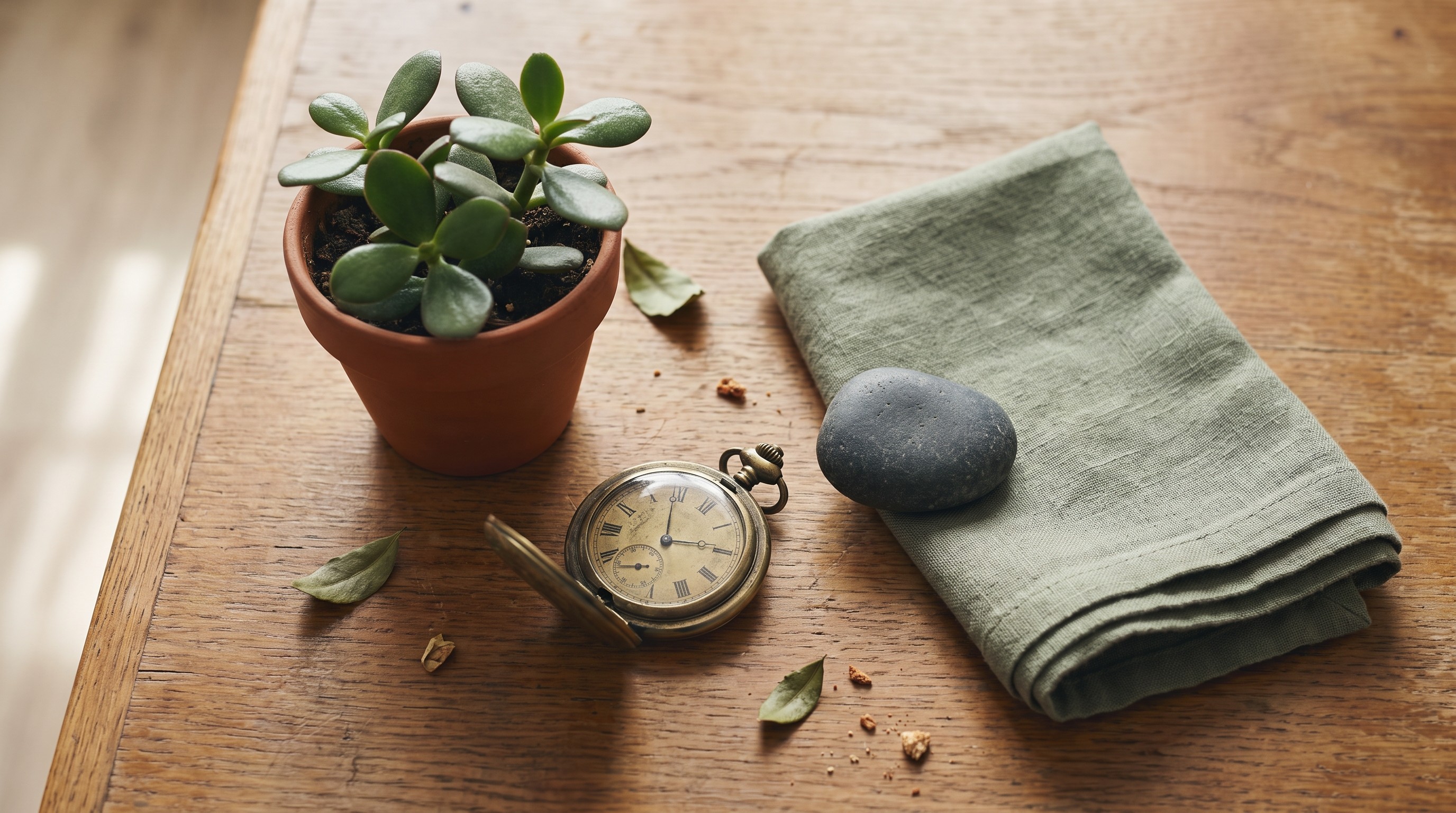 Naturaleza muerta cenital con una planta de jade, un reloj de bolsillo de latón y una piedra sobre una superficie de madera