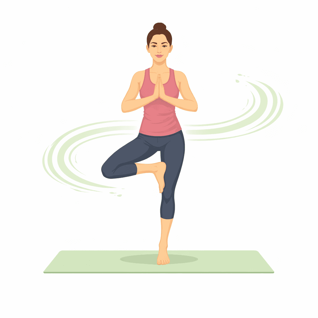 A man in a green tank top and shorts performs a yoga pose outdoors, surrounded by gentle greenery.