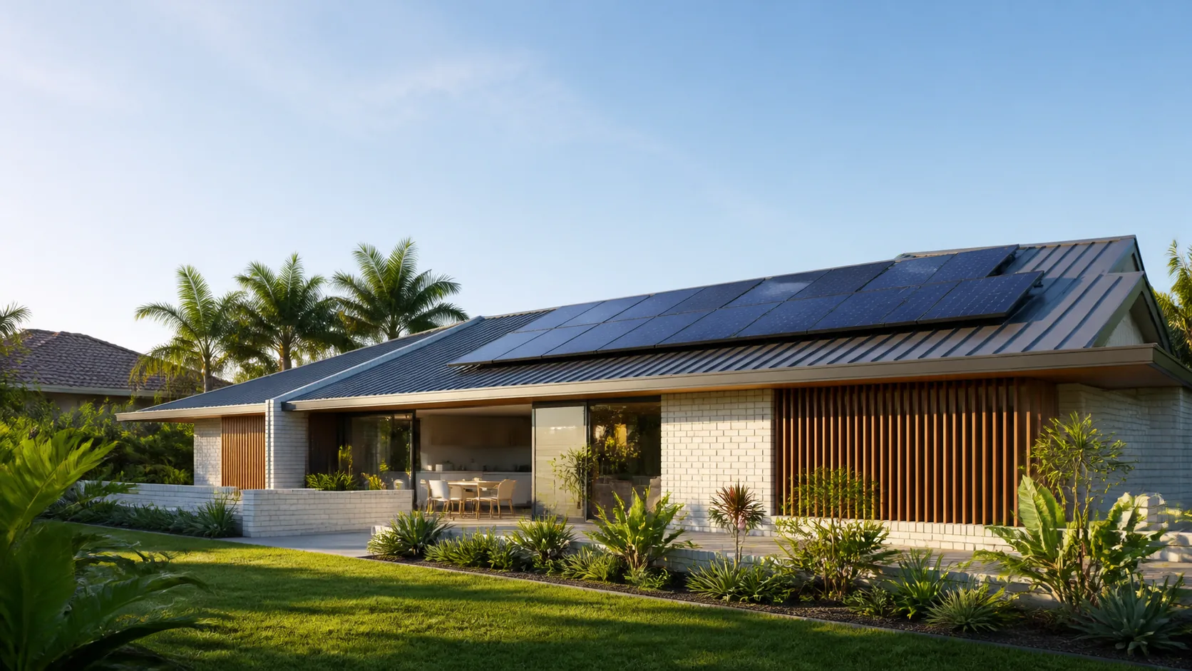 Illustrative modern Brisbane residence with roof-integrated solar panels in daylight