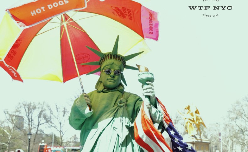 A statue of the Statue of Liberty is depicted in a green-painted costume, holding the torch aloft. The statue wears sunglasses and stands beneath a red and yellow umbrella with "HOT DOGS" written on it. An American flag is draped over the statue’s shoulder. The background includes trees and a building, with text in the top right corner reading “WTF NYC” and “SINCE 3616”.