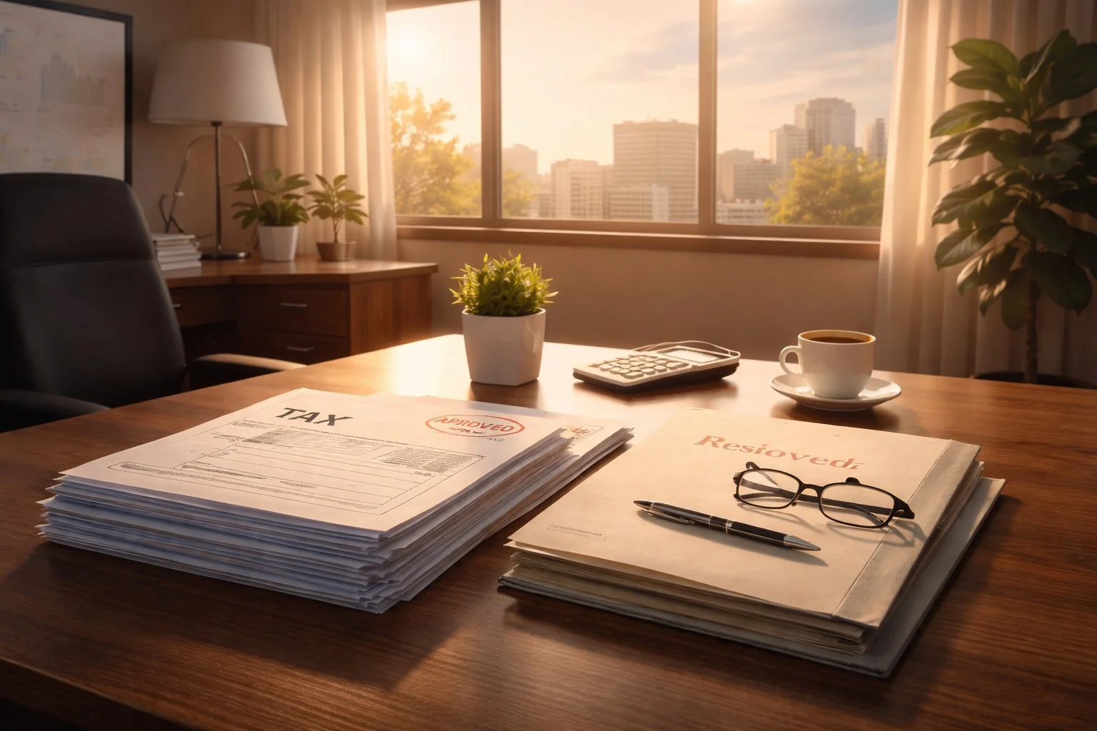 Peaceful early morning office with a clear desk and resolved tax documents, symbolizing relief from early preparation.