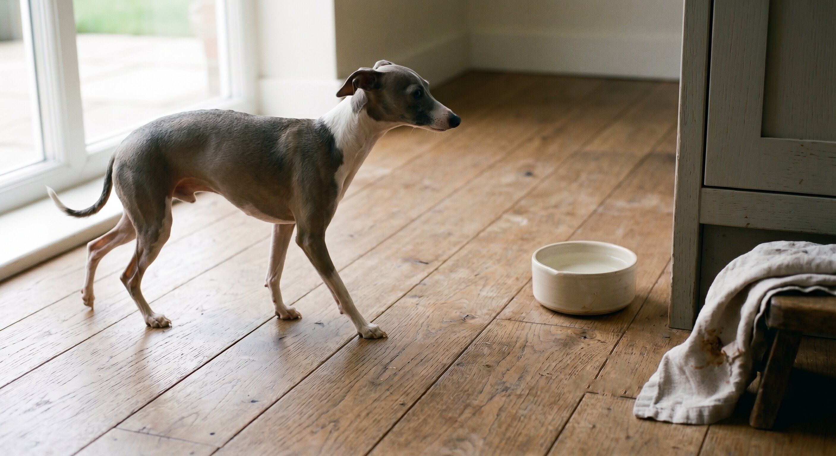 Small dog walking past a full water bowl on a wooden floor in soft daylight, a calm everyday moment — showing that the bowl isn’t where dry skin gets read.