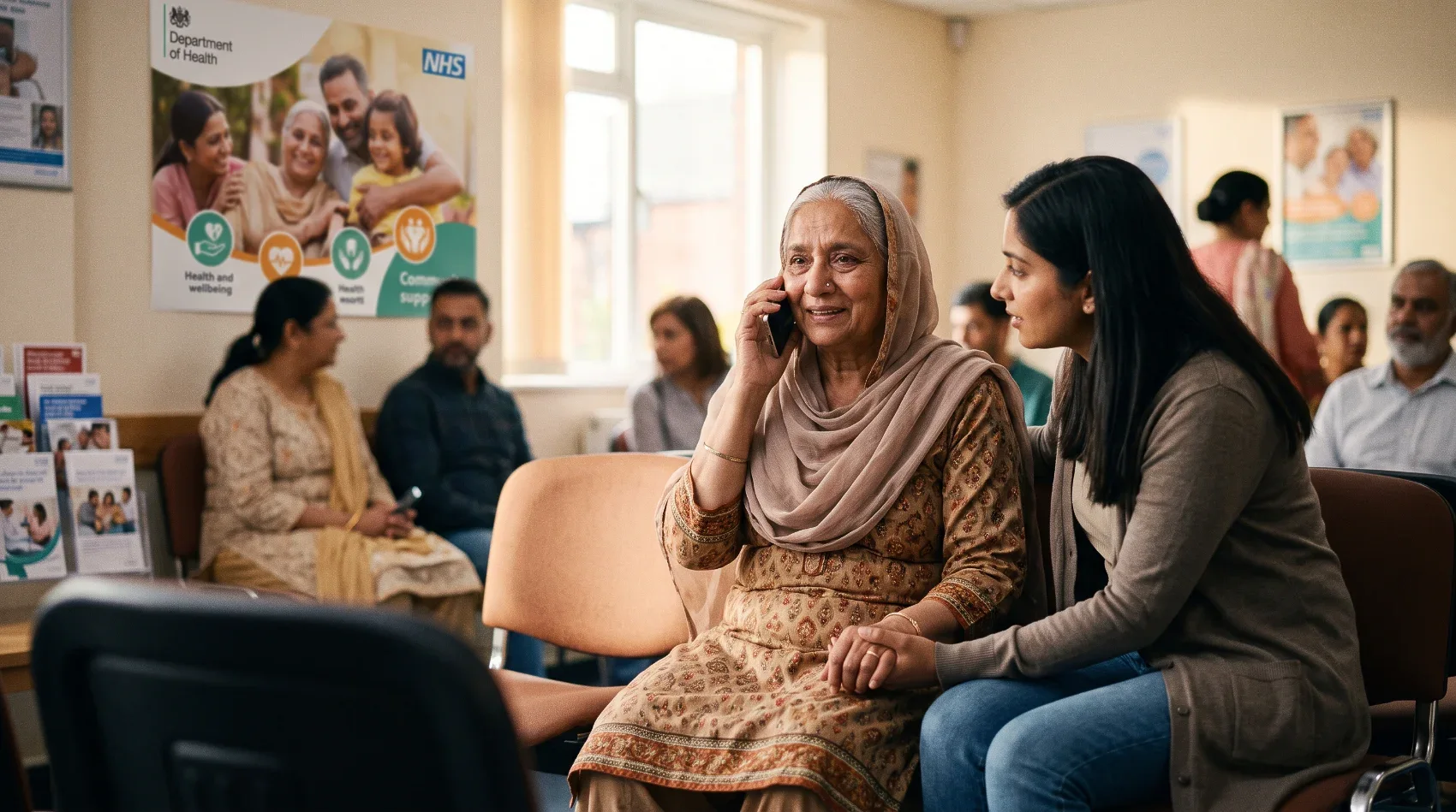 Elderly South Asian woman calling NHS helpline with support worker in GP waiting room - hepatitis C campaign driving calls