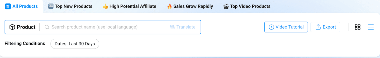 Product and Trend Research” section with product search and filter options