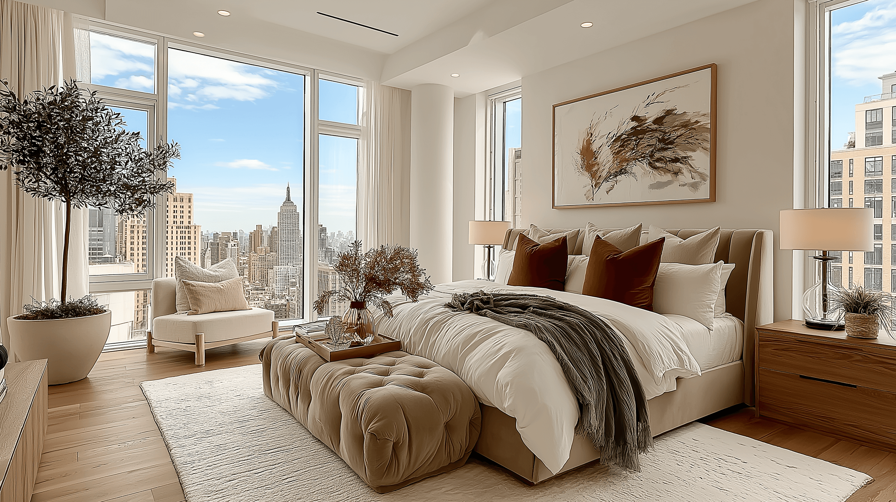 Elegant bedroom with a plush bed, warm neutral decor, and floor-to-ceiling corner windows offering a panoramic view of the New York City skyline and the Empire State Building.