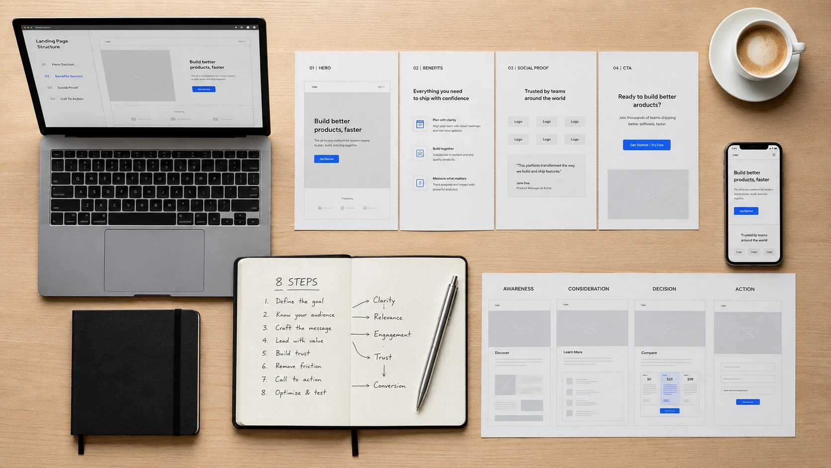 Os 8 passos para criar uma landing page que converte: estrutura, hero, benefícios, prova social, CTA e otimização
