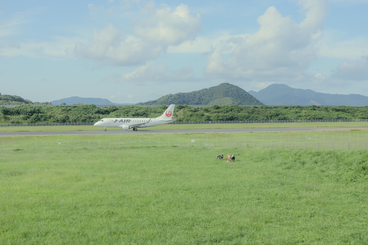 Small plane on an island runway with green mountains behind it