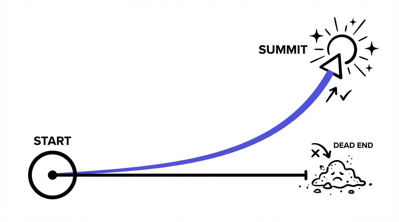 A growth velocity chart comparing a flat, stagnant line ending in a dead end versus an exponential curve leading to a high summit.