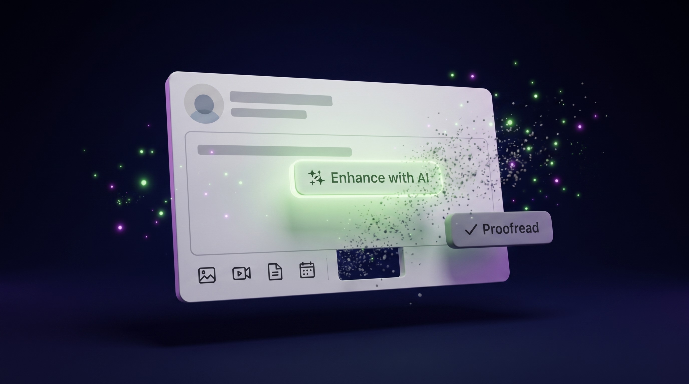 The Enhance with AI button dissolving out of the composer, Proofread sliding into its place
