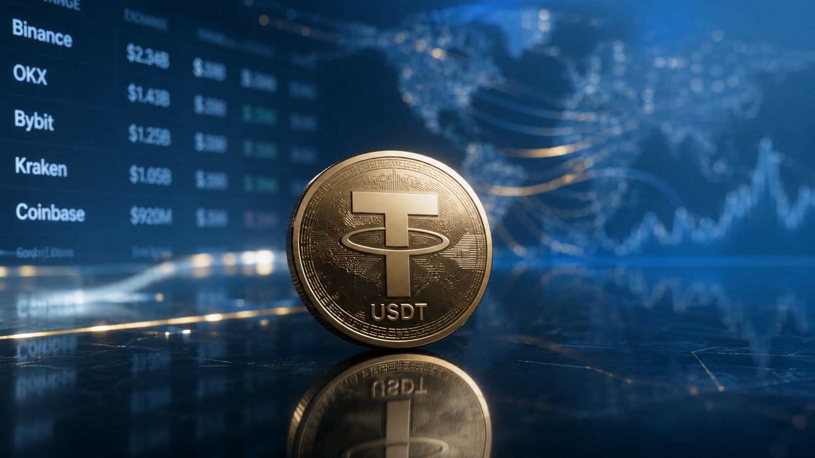 A golden Tether USDT coin resting on a dark reflective surface in front of exchange trading data.