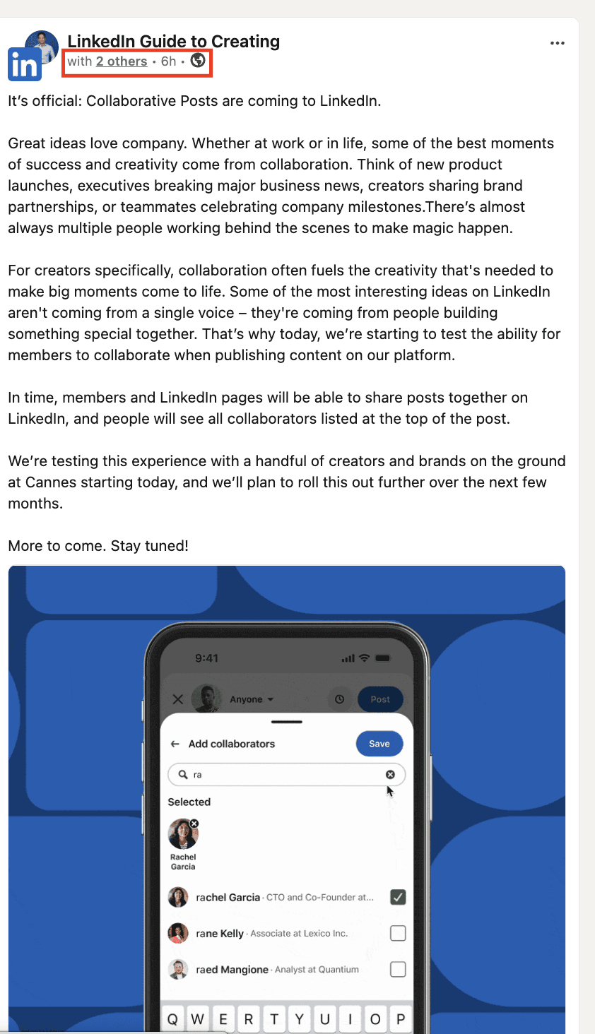 Screenshot of LinkedIn's official announcement of Collaborative Posts, with the 'with 2 others' line highlighted