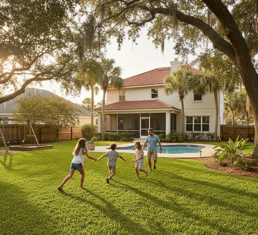 Family enjoying their healthy green lawn in Florida backyard with landscaping
