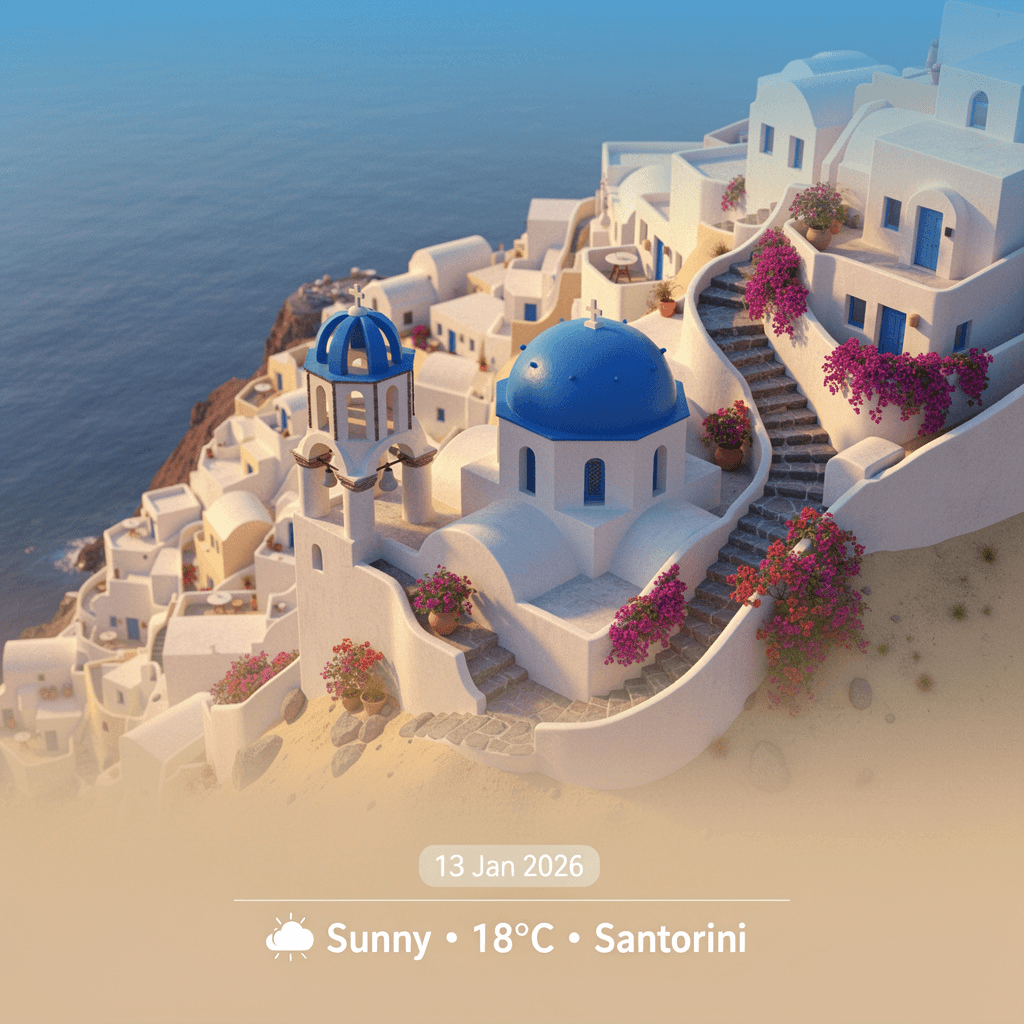 Present a clear, 45° top-down isometric miniature 3D cartoon scene of Santorini, Greece, featuring the iconic blue-domed church with whitewashed cubic buildings cascading down cliffs, winding staircases, bougainvillea accents, and azure Aegean Sea backdrop. Use soft, refined textures with realistic PBR materials and gentle Mediterranean lighting with warm shadows. Integrate current weather conditions directly into the scene to create an immersive atmospheric mood. Use a clean, minimalistic composition with a soft gradient background from sky blue to beige. Display the current date (small text) and temperature.