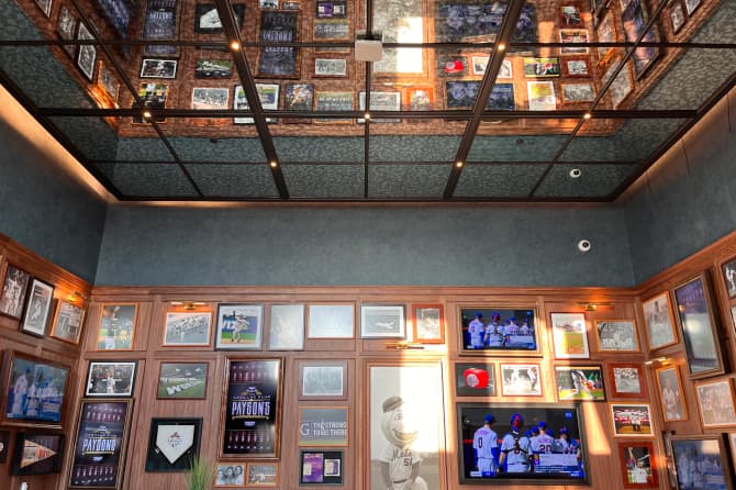 A shot showing the mirror tile ceiling