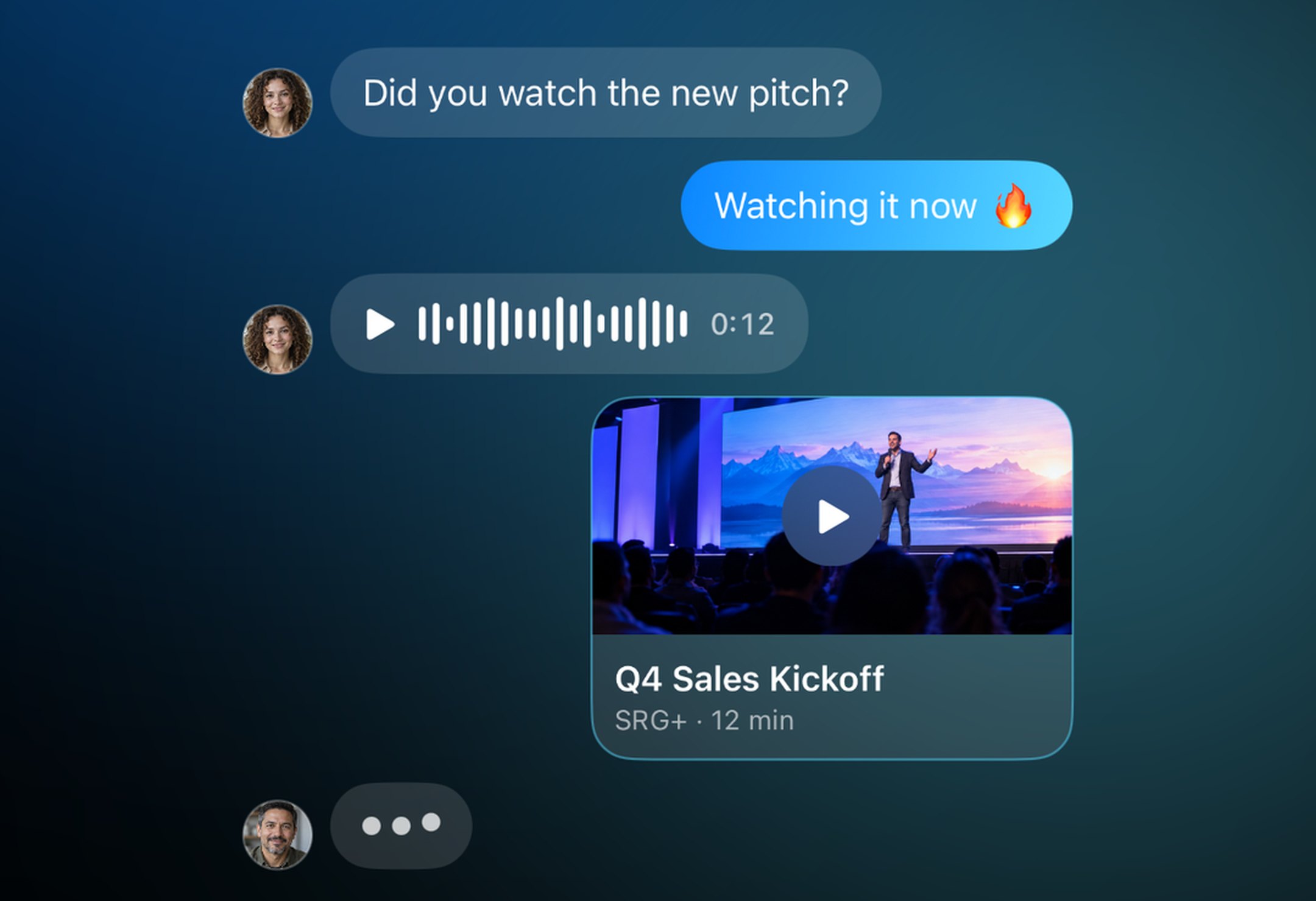 SRG+ Chat on iPhone: a teammate asks "Did you watch the new pitch?", a voice message and a shared Q4 Sales Kickoff training video in the conversation