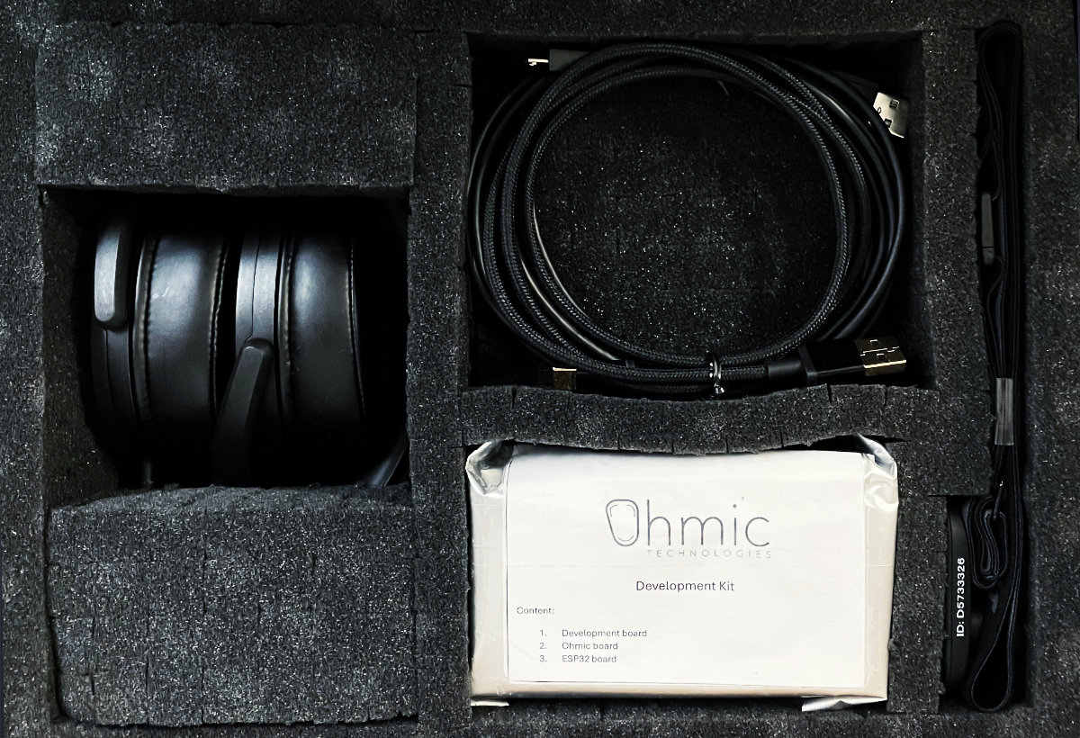 Ohmic development kit hardware arranged in a case, surrounded by foam